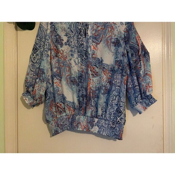 Roz & Ali XL Boho Paisley Blouse Womens Peasant Top Sheer 3/4 Sleeve Blue Orange - Picture 2 of 12